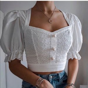 Zara faux pearl button puff sleeve top